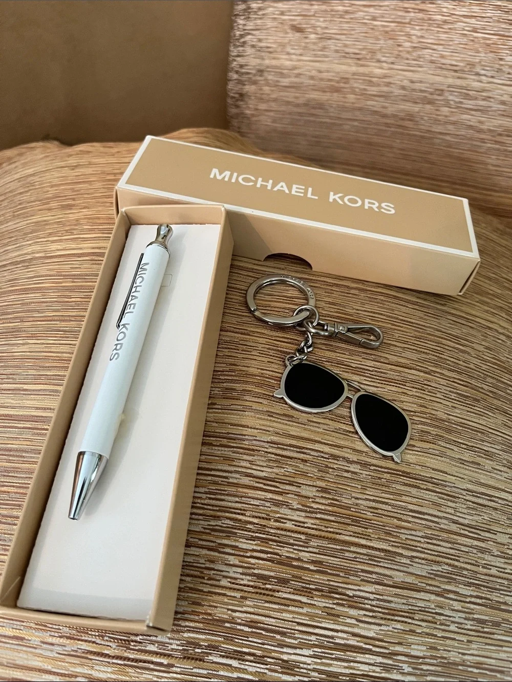 Michael Kors White Logo Pen with Black Sunglasses Keychain